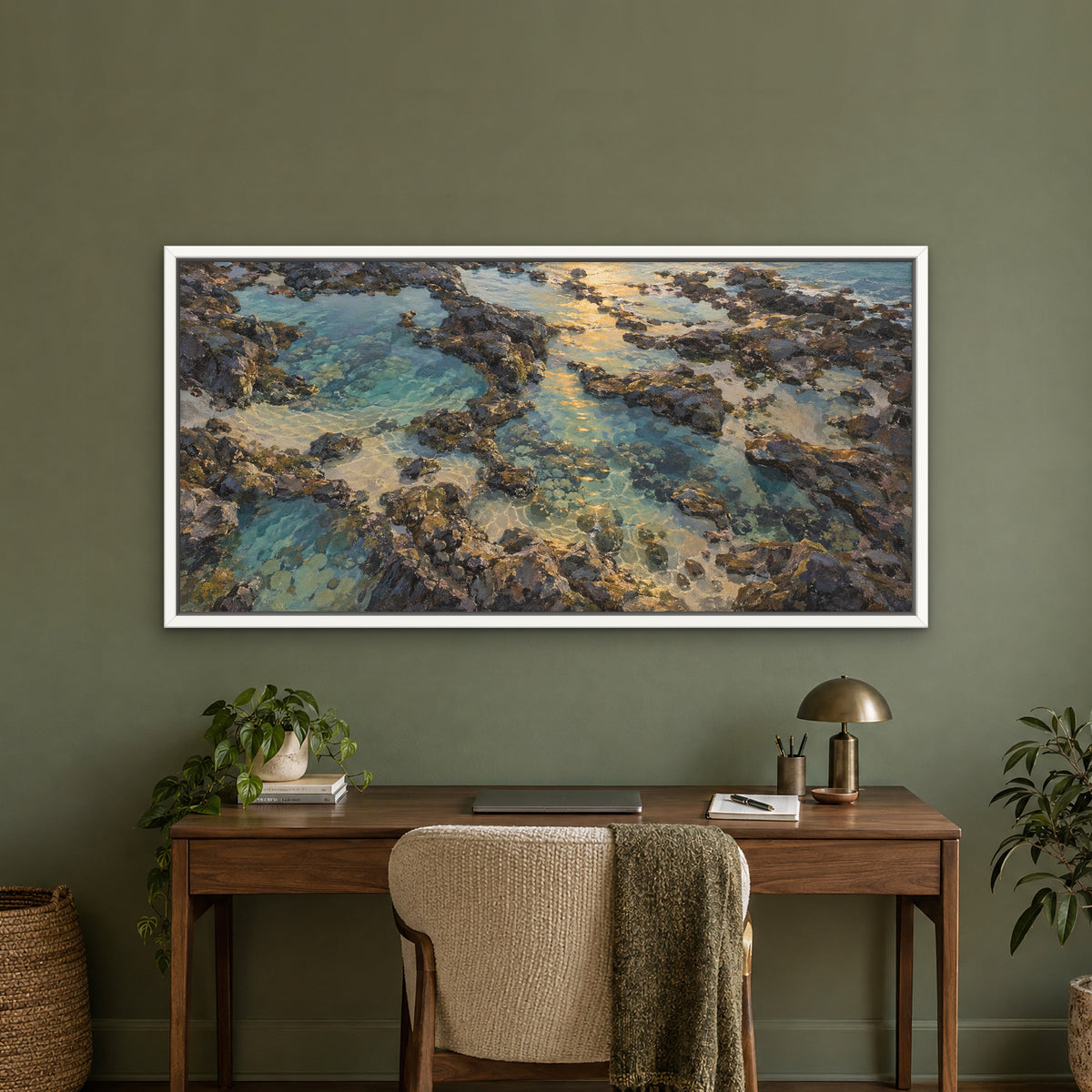 Glimmering Tide, blue seascape hand-painted canvas wall art in a home office – Gallery 23