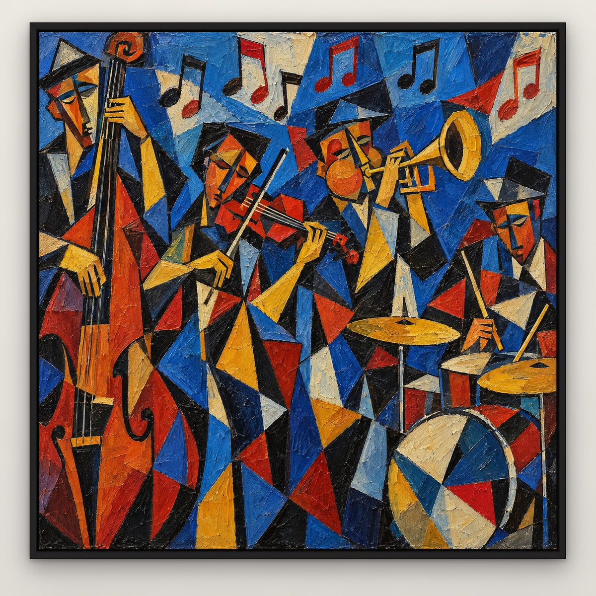 Cubist Quartet, colourful abstract hand-painted canvas wall art in a slim black float frame – Gallery 23