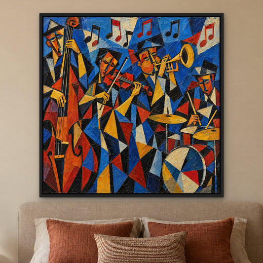 Cubist Quartet, colourful abstract hand-painted canvas wall art in a bedroom – Gallery 23
