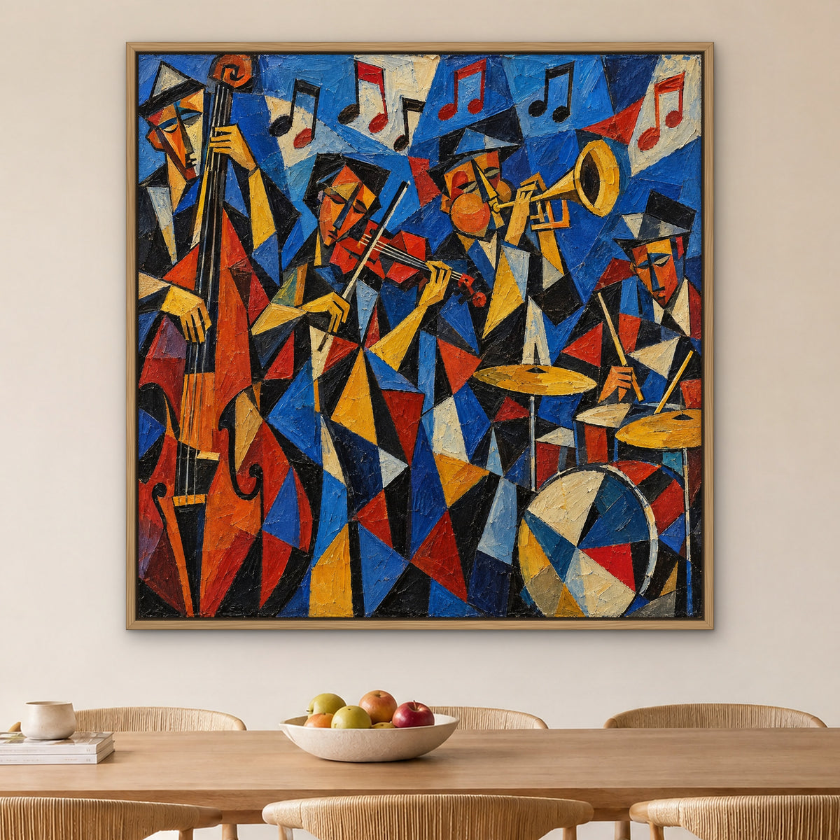 Cubist Quartet, colourful abstract hand-painted canvas wall art in a dining room – Gallery 23
