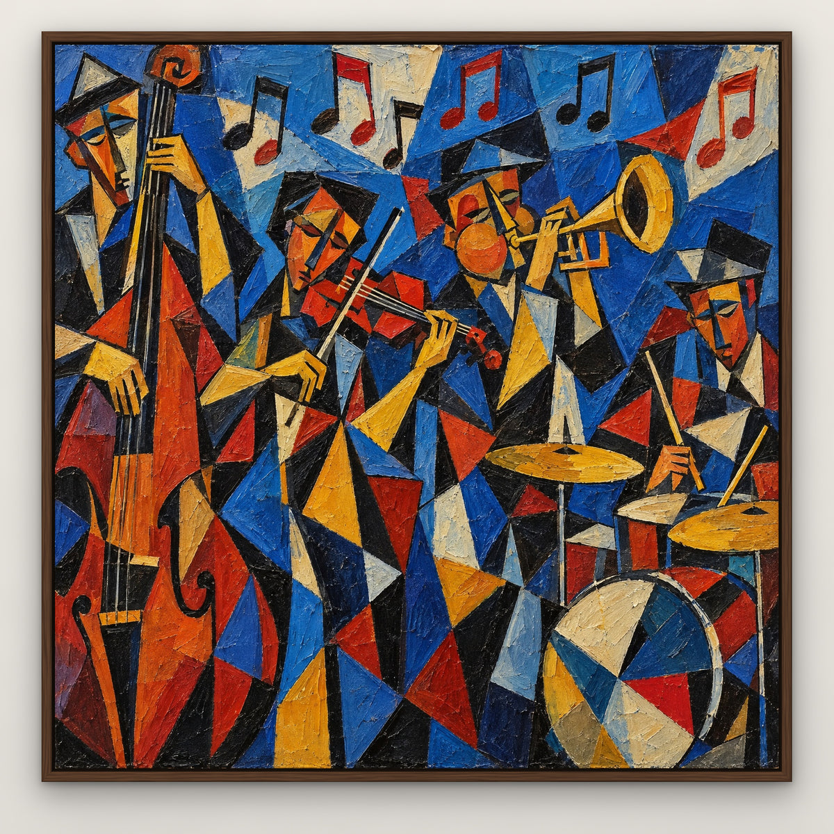 Cubist Quartet, colourful abstract hand-painted canvas wall art in a slim walnut float frame – Gallery 23