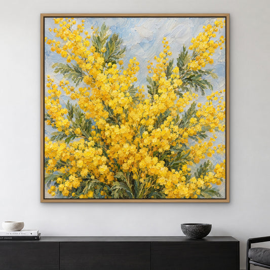 Mimosa Burst, yellow floral hand-painted canvas wall art in a living room – Gallery 23