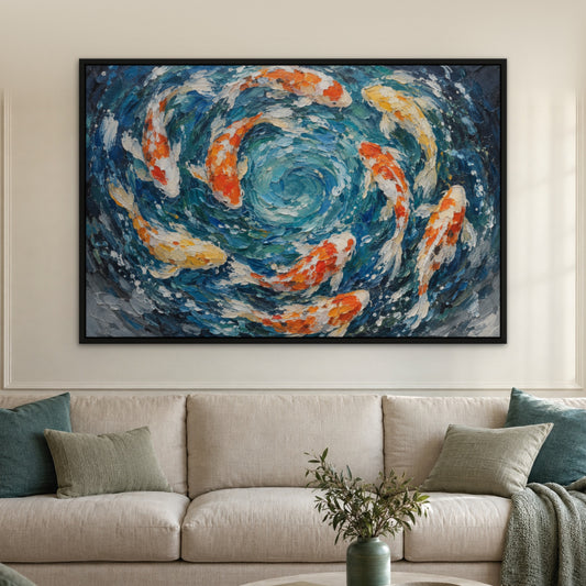 Koi Carnival, blue abstract hand-painted canvas wall art in a living room – Gallery 23