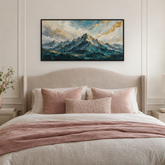 Teal Gold Ridge, abstract hand-painted canvas wall art in a bedroom – Gallery 23