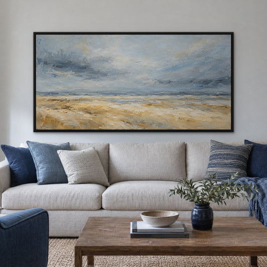 Sky and Sand Blur, blue abstract hand-painted canvas wall art in a living room – Gallery 23