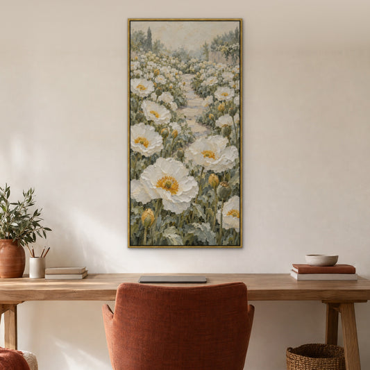 White Poppy Garden, gold floral hand-painted canvas wall art in a home office – Gallery 23