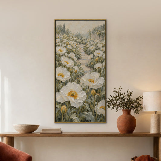 White Poppy Garden, gold floral hand-painted canvas wall art in a hallway – Gallery 23