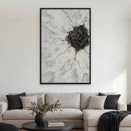 Obsidian and Snow, gold abstract hand-painted canvas wall art in a living room – Gallery 23