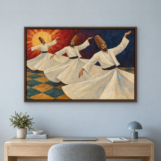 Whirling Dervishes, colourful figurative hand-painted canvas wall art in a home office – Gallery 23