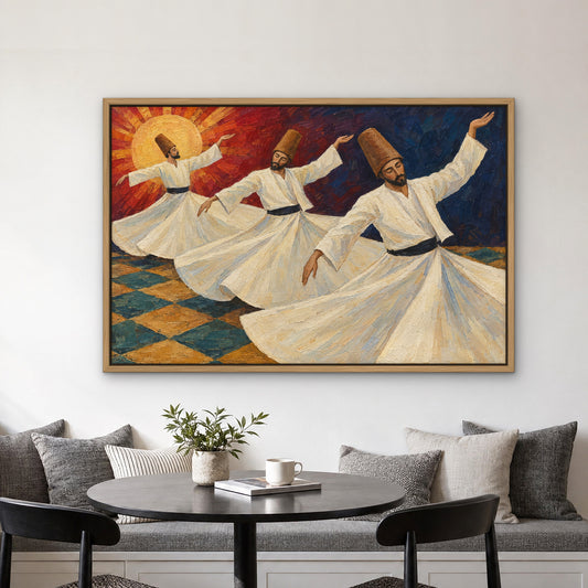Whirling Dervishes, colourful figurative hand-painted canvas wall art in a kitchen nook – Gallery 23