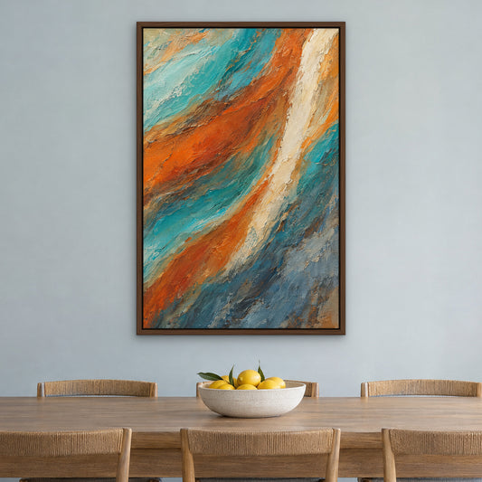 Turquoise Rust Patchwork, teal abstract hand-painted canvas wall art in a dining room – Gallery 23