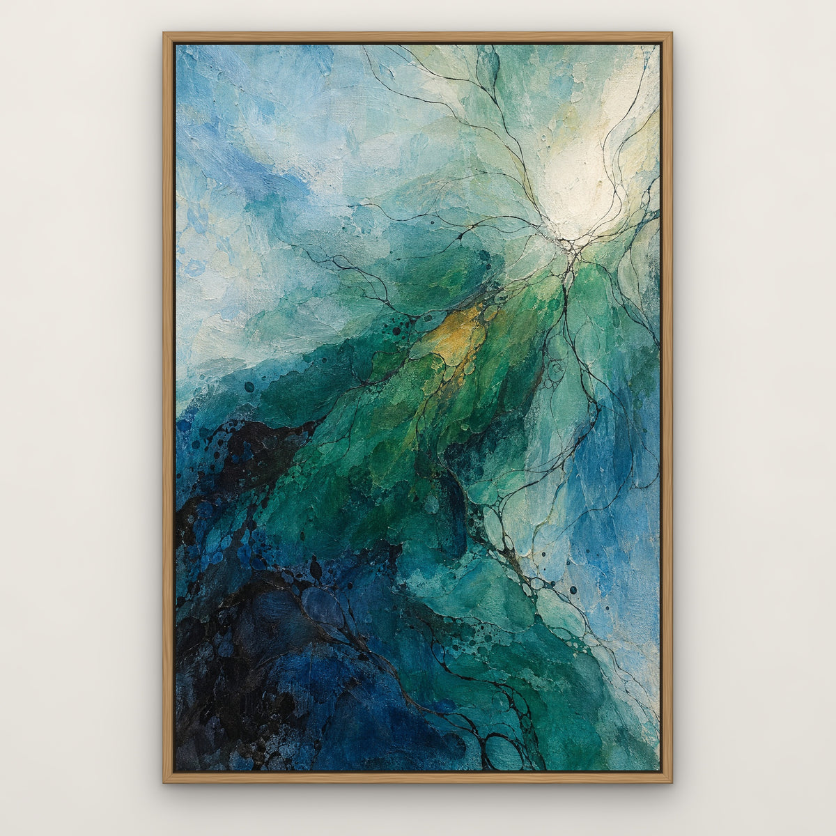 Emerald Reverie, blue abstract hand-painted canvas wall art in a slim oak float frame – Gallery 23
