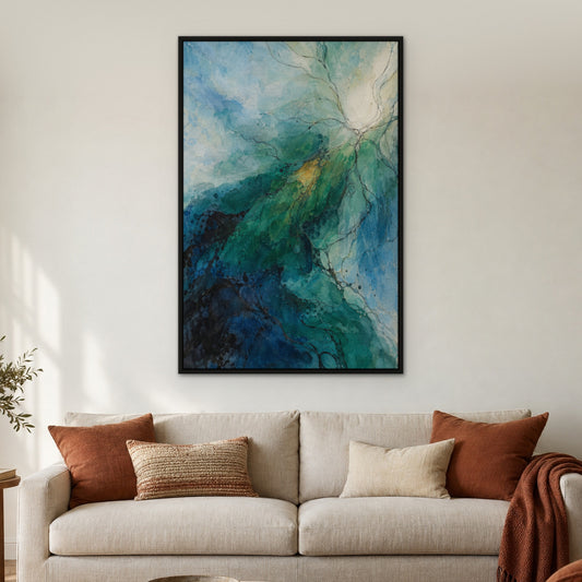 Emerald Reverie, blue abstract hand-painted canvas wall art in a living room – Gallery 23