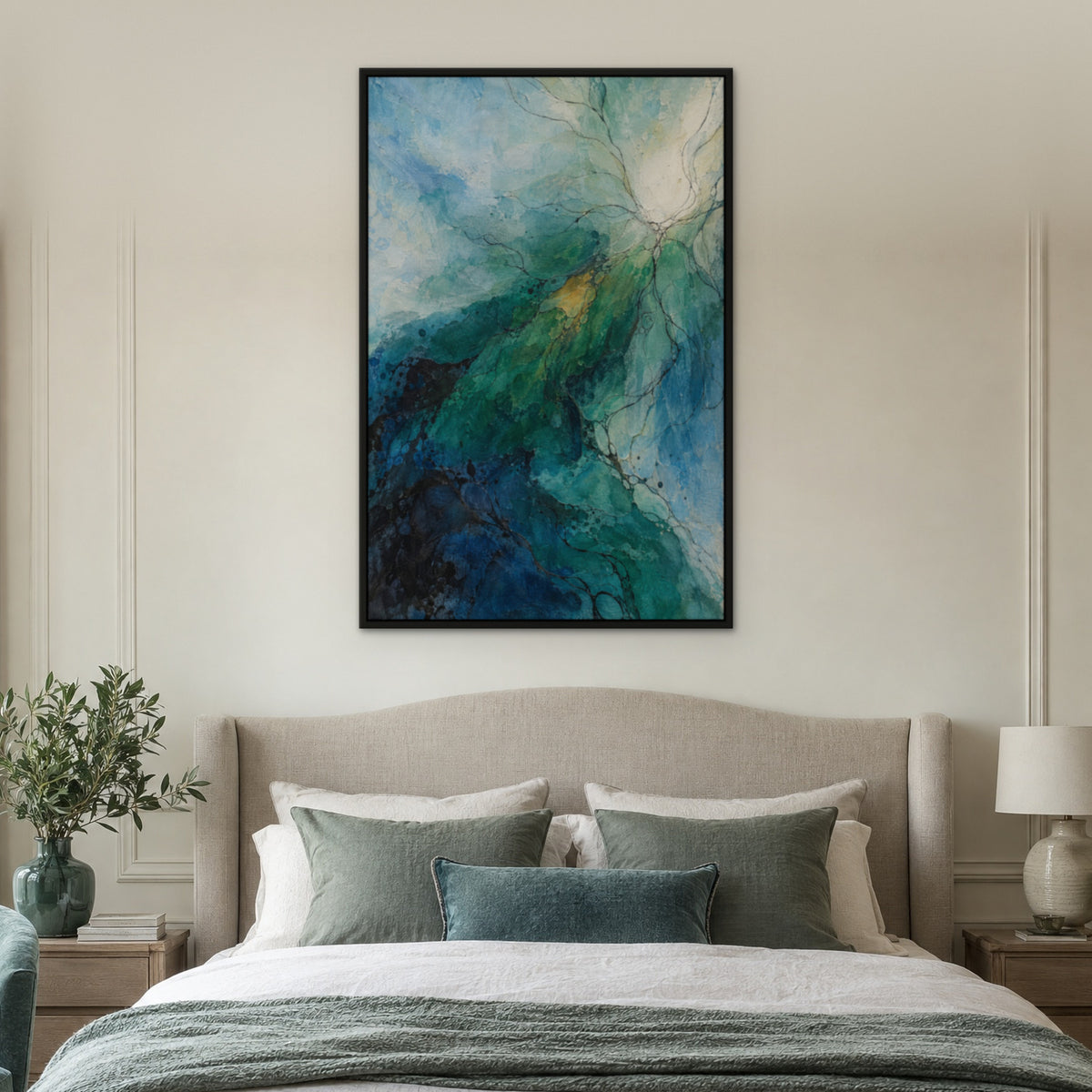 Emerald Reverie, blue abstract hand-painted canvas wall art in a bedroom – Gallery 23