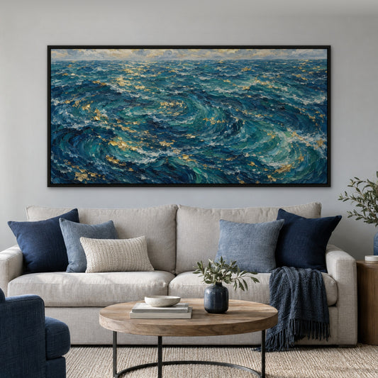 Golden Sky Sea, blue abstract hand-painted canvas wall art in a living room – Gallery 23