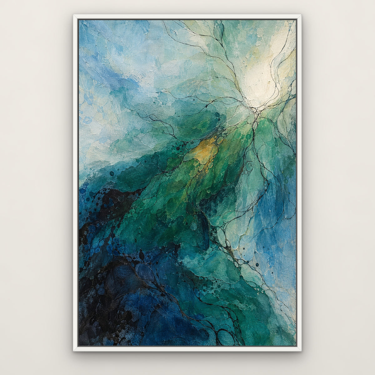 Emerald Reverie, blue abstract hand-painted canvas wall art in a slim white float frame – Gallery 23