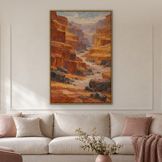 Ochre Canyon, orange abstract hand-painted canvas wall art in a living room – Gallery 23