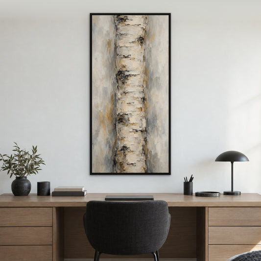Birch Bark Column, brown abstract hand-painted canvas wall art in a home office – Gallery 23
