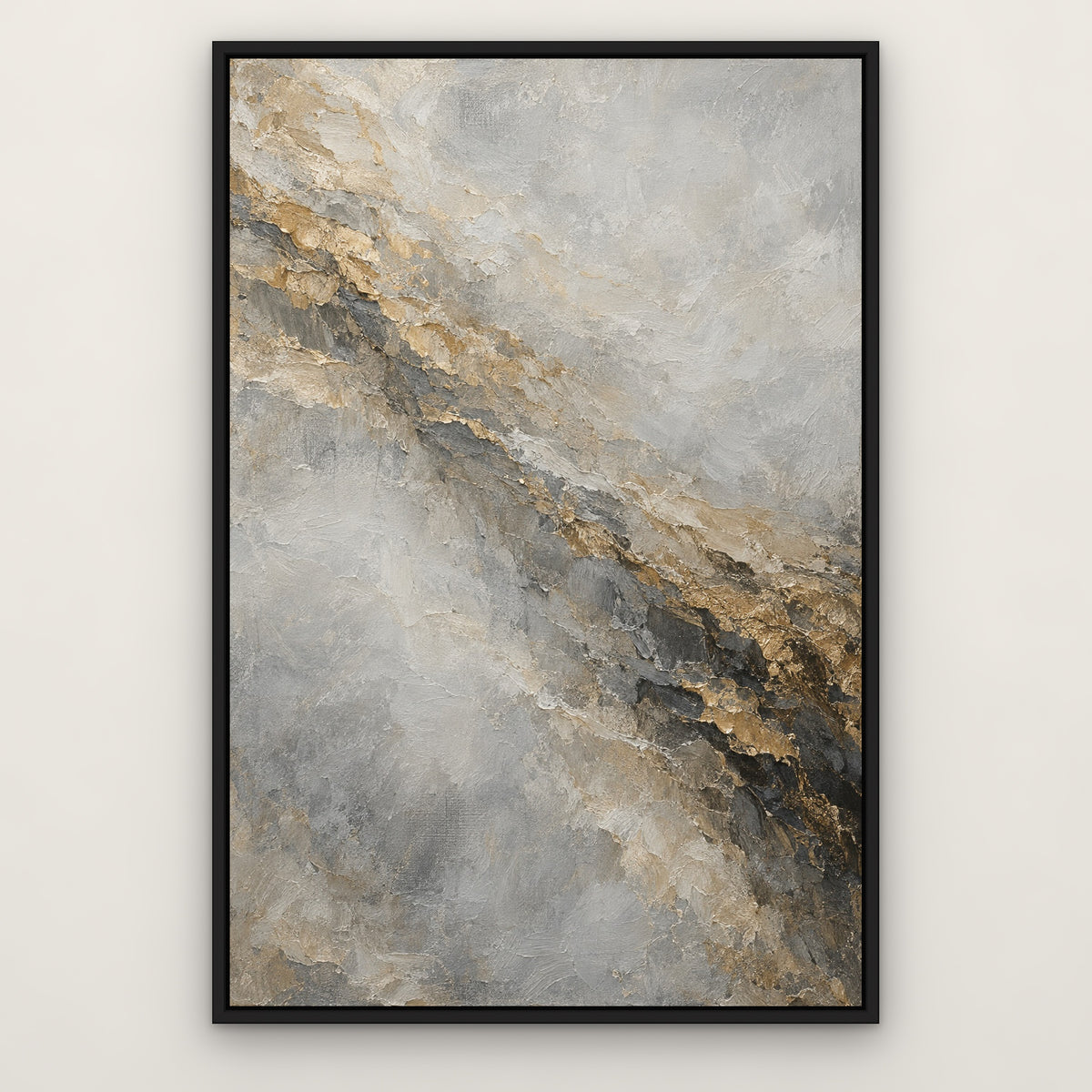 Gold Strata Fog, neutral abstract hand-painted canvas wall art in a slim black float frame – Gallery 23