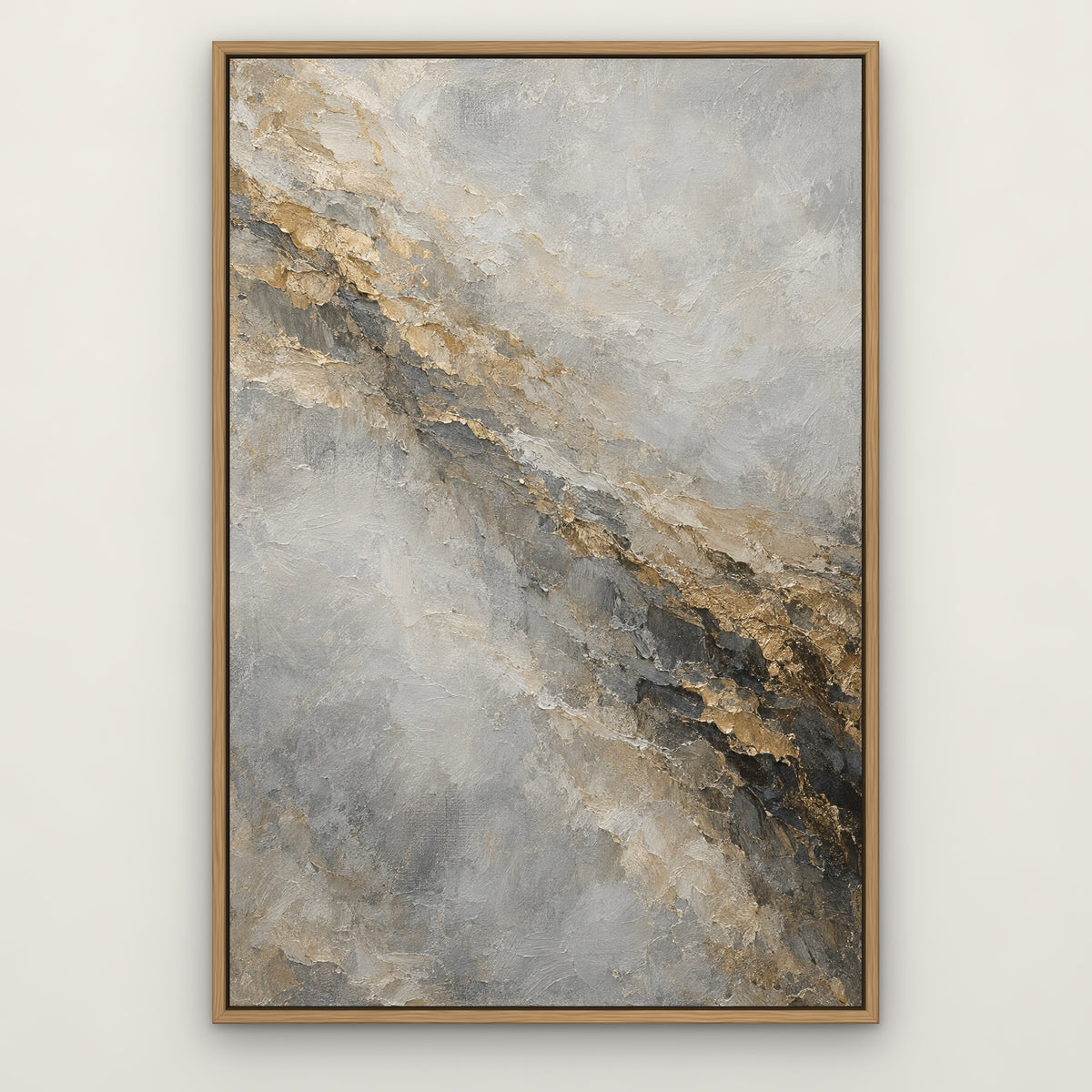 Gold Strata Fog, neutral abstract hand-painted canvas wall art in a slim oak float frame – Gallery 23