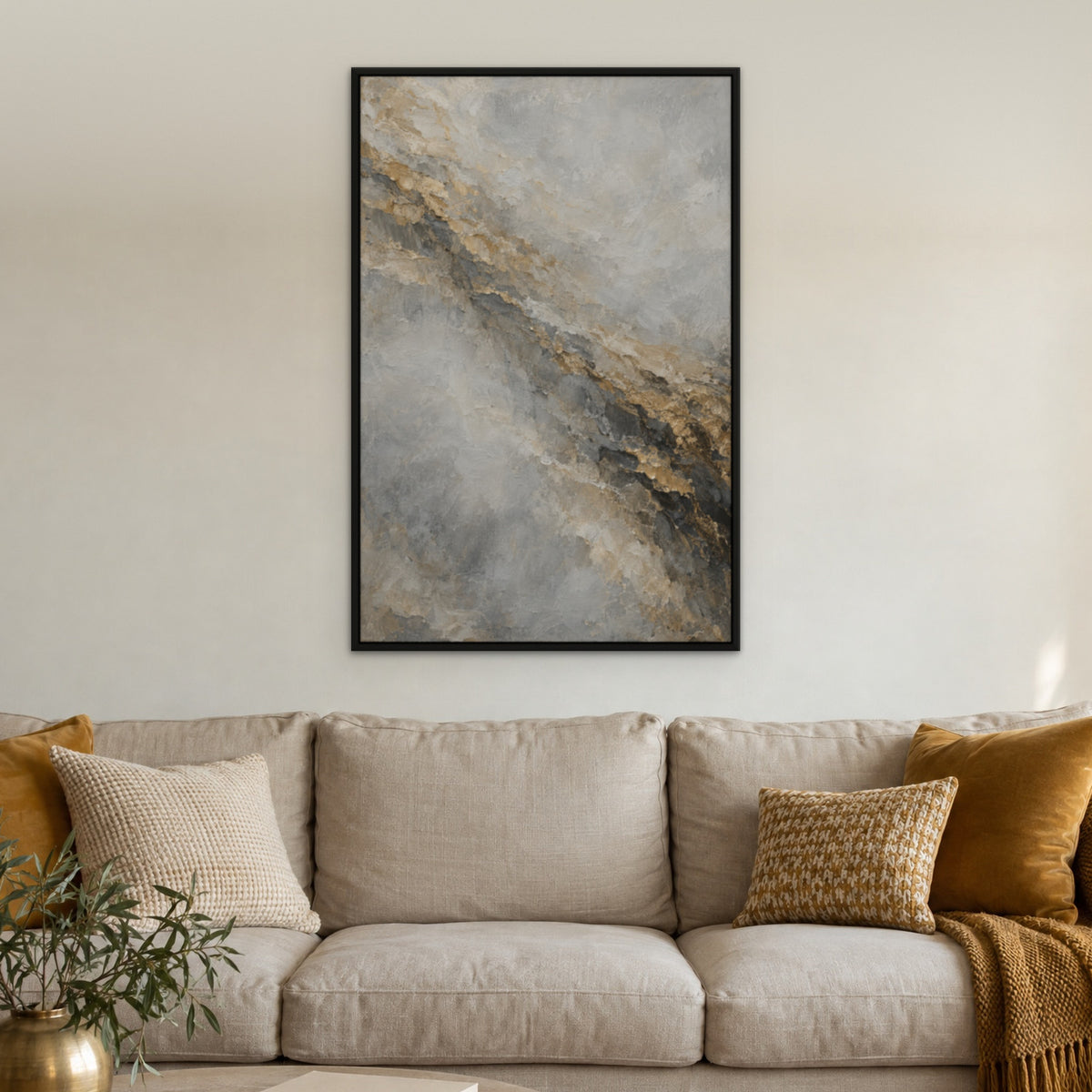 Gold Strata Fog, neutral abstract hand-painted canvas wall art in a living room – Gallery 23