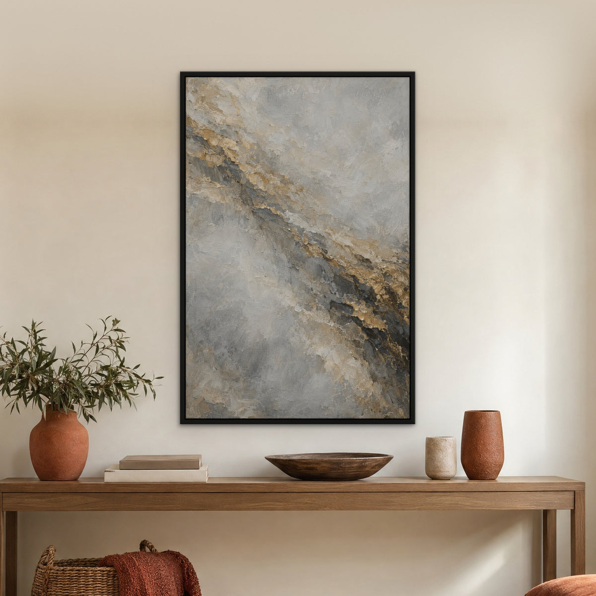 Gold Strata Fog, neutral abstract hand-painted canvas wall art in a hallway – Gallery 23