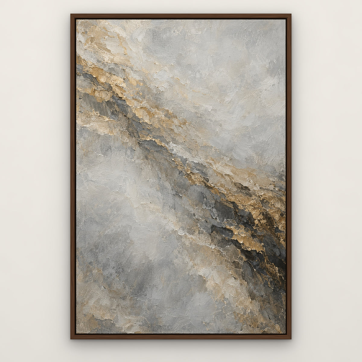 Gold Strata Fog, neutral abstract hand-painted canvas wall art in a slim walnut float frame – Gallery 23