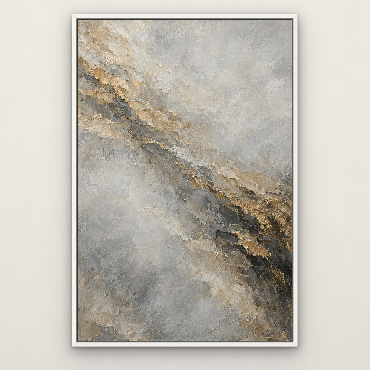 Gold Strata Fog, neutral abstract hand-painted canvas wall art in a slim white float frame – Gallery 23