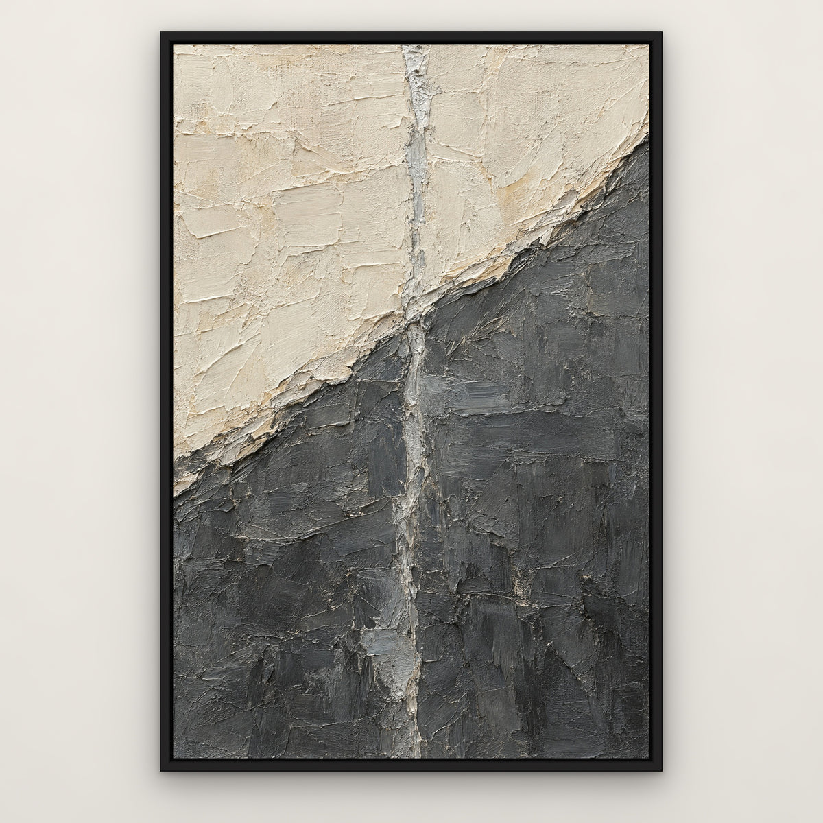 Ivory and Graphite Panel, grey abstract hand-painted canvas wall art in a slim black float frame – Gallery 23