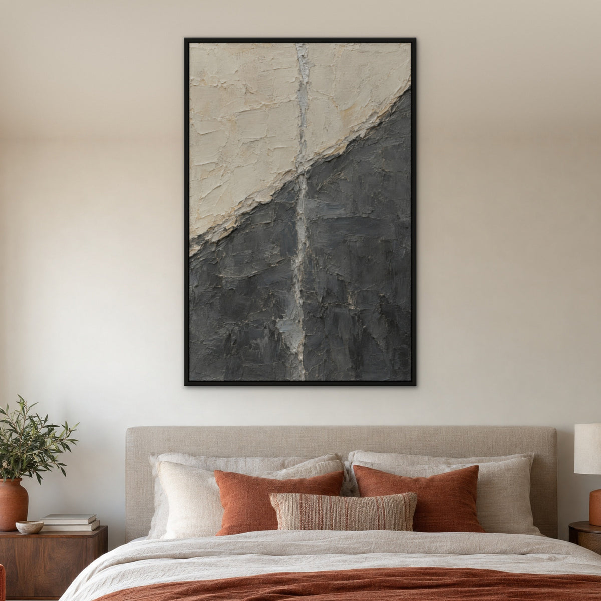 Ivory and Graphite Panel, grey abstract hand-painted canvas wall art in a bedroom – Gallery 23