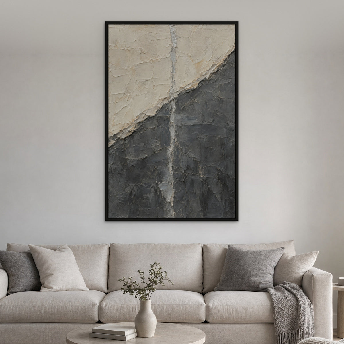 Ivory and Graphite Panel, grey abstract hand-painted canvas wall art in a living room – Gallery 23