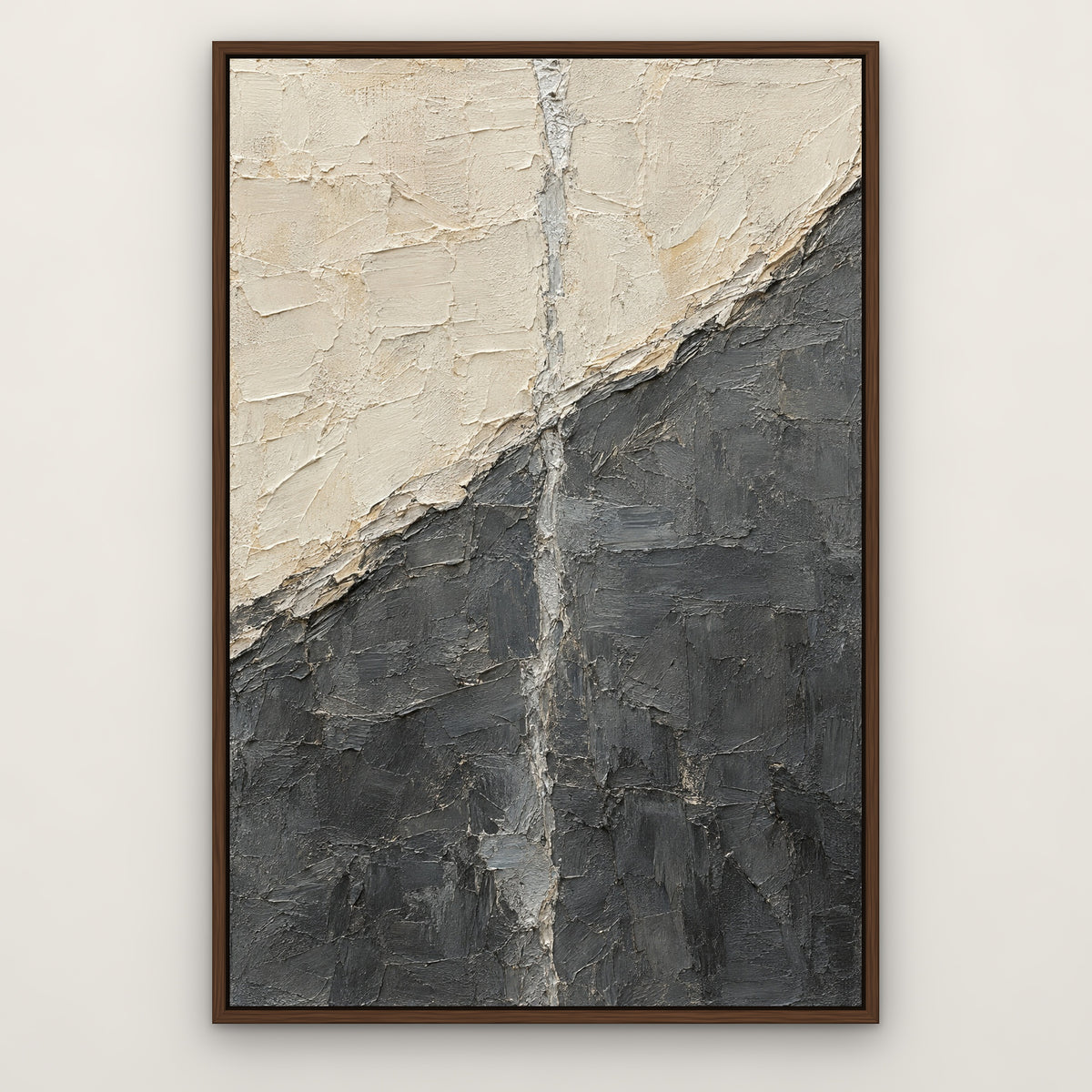 Ivory and Graphite Panel, grey abstract hand-painted canvas wall art in a slim walnut float frame – Gallery 23
