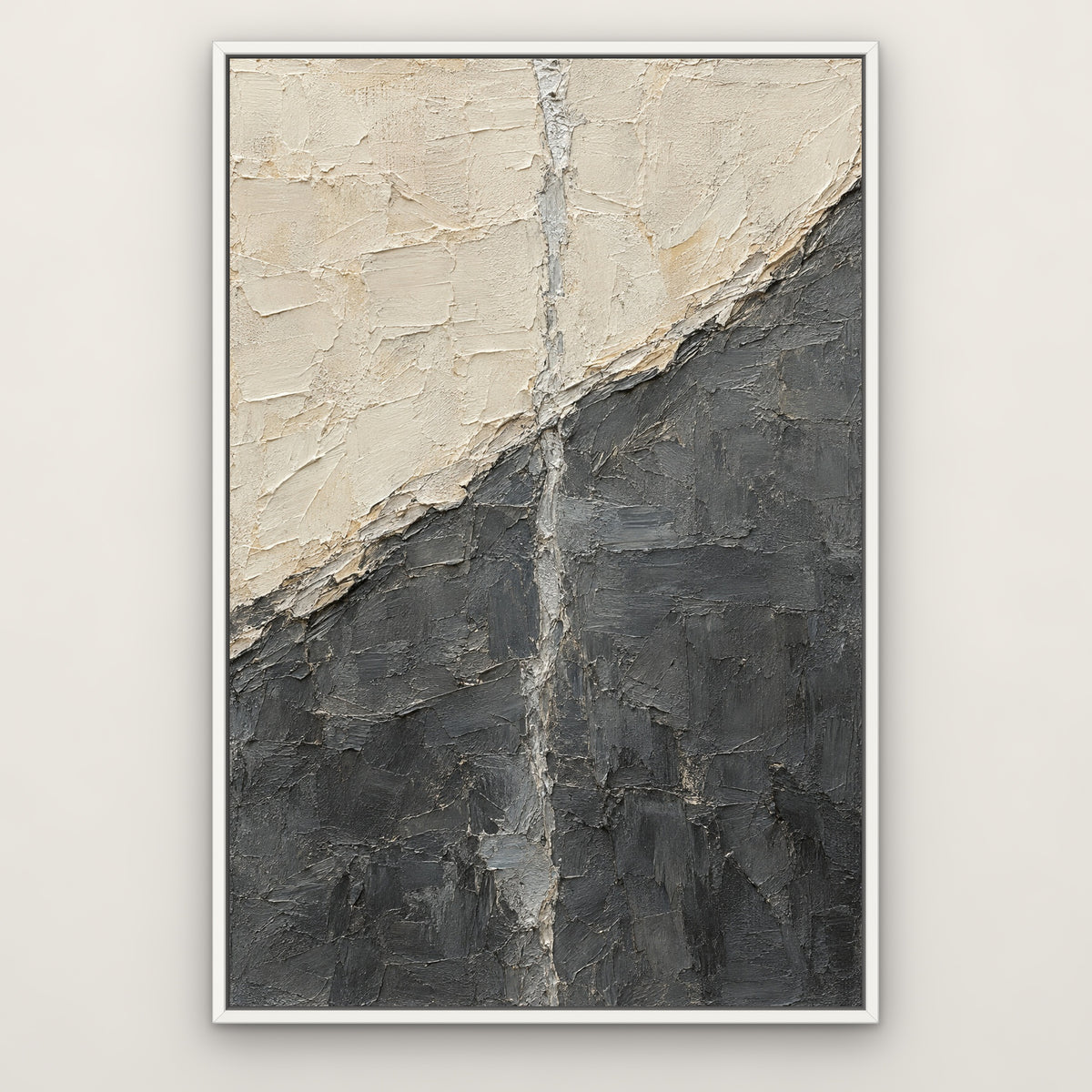 Ivory and Graphite Panel, grey abstract hand-painted canvas wall art in a slim white float frame – Gallery 23
