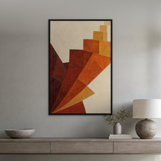 Rust Geometry, red abstract hand-painted canvas wall art in a hallway – Gallery 23