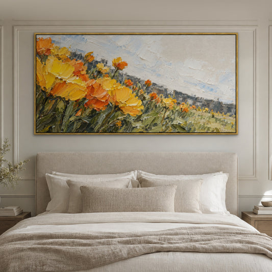 Yellow and Tangerine Blooms, colourful abstract hand-painted canvas wall art in a bedroom – Gallery 23