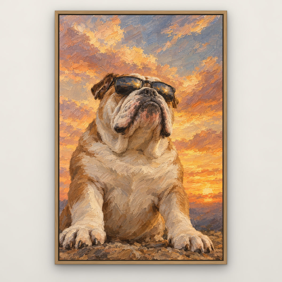 Bulldog in Shades, grey animal hand-painted canvas wall art in a slim oak float frame – Gallery 23