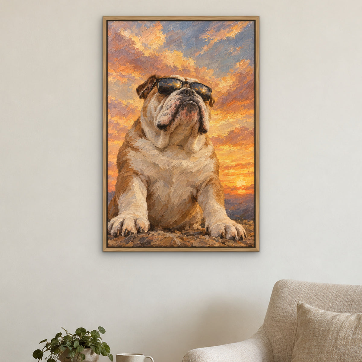 Bulldog in Shades, grey animal hand-painted canvas wall art in a reading corner – Gallery 23