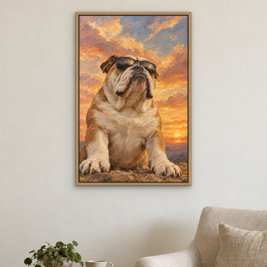 Bulldog in Shades, grey animal hand-painted canvas wall art in a reading corner – Gallery 23