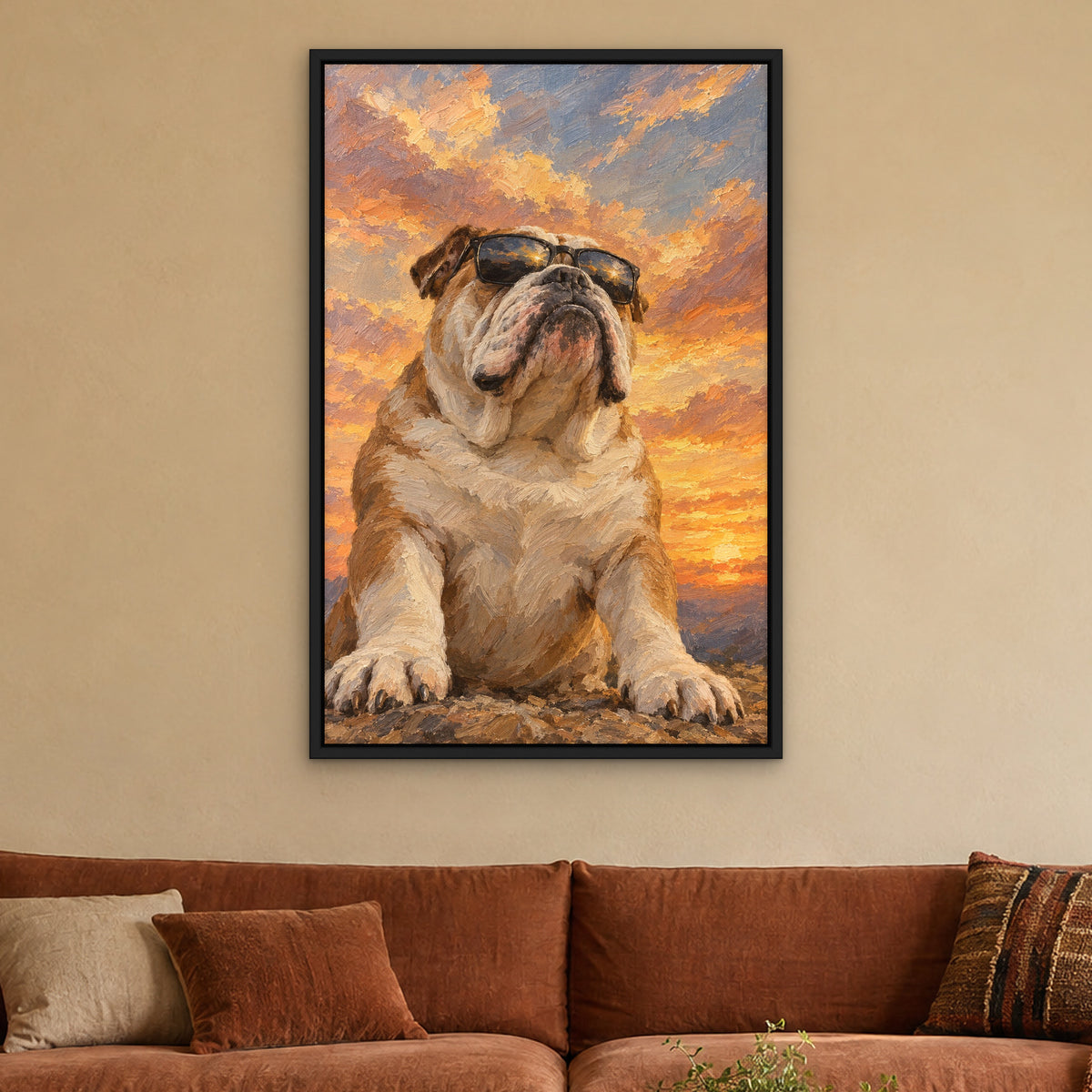 Bulldog in Shades, grey animal hand-painted canvas wall art in a living room – Gallery 23