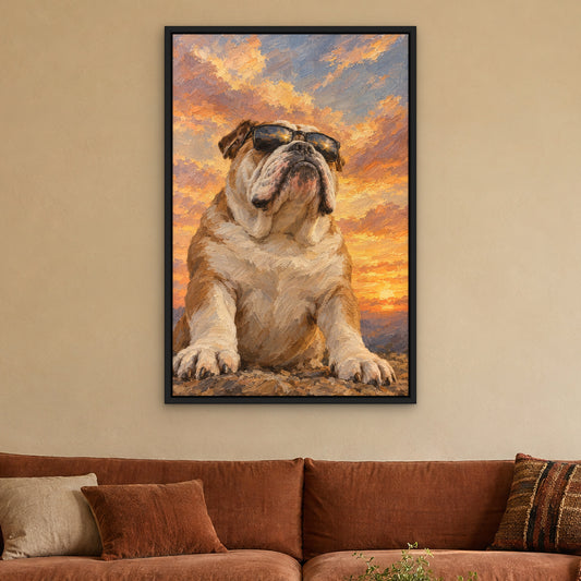 Bulldog in Shades, grey animal hand-painted canvas wall art in a living room – Gallery 23