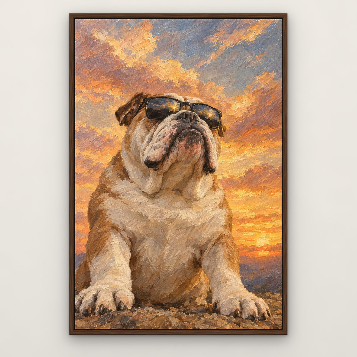 Bulldog in Shades, grey animal hand-painted canvas wall art in a slim walnut float frame – Gallery 23