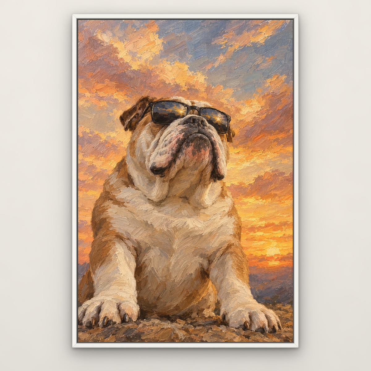 Bulldog in Shades, grey animal hand-painted canvas wall art in a slim white float frame – Gallery 23