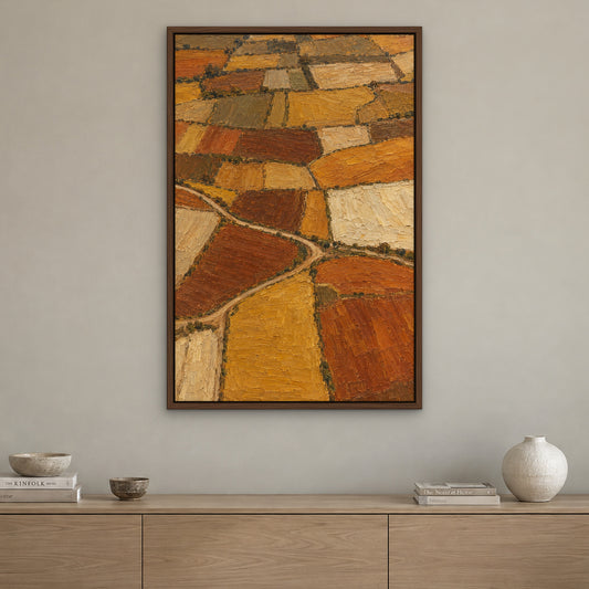 Ochre Fields, gold abstract hand-painted canvas wall art in a living room – Gallery 23