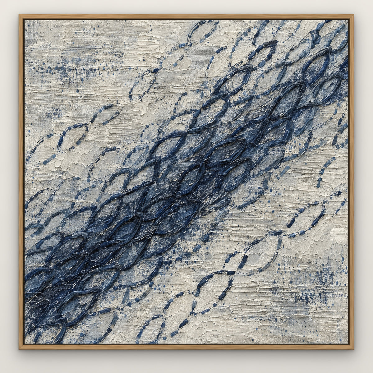 Indigo Stitch, blue abstract hand-painted canvas wall art in a slim oak float frame – Gallery 23