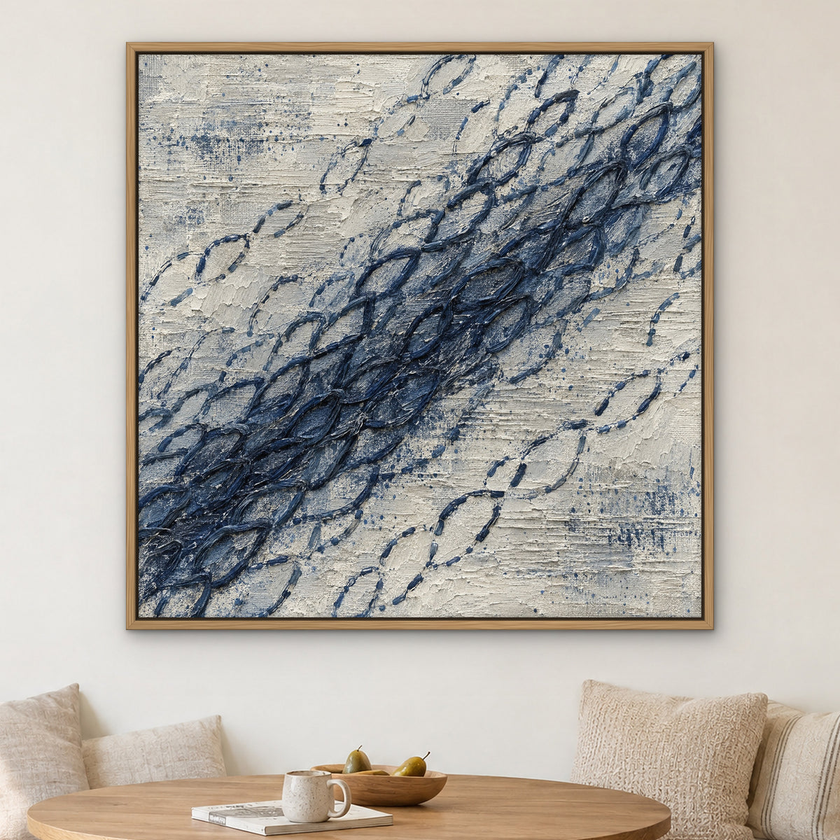 Indigo Stitch, blue abstract hand-painted canvas wall art in a kitchen nook – Gallery 23