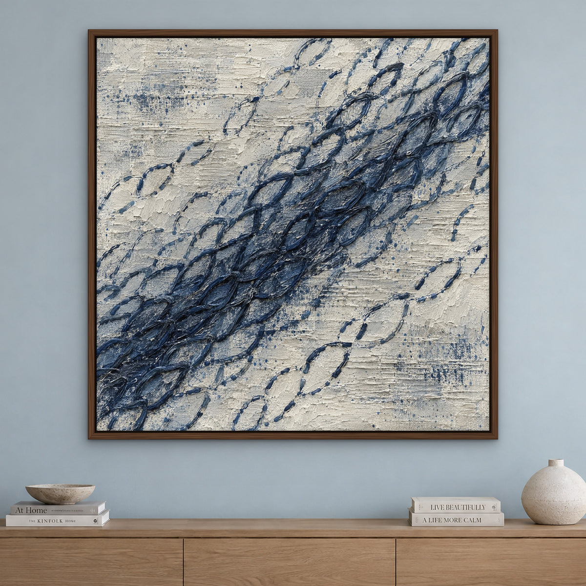 Indigo Stitch, blue abstract hand-painted canvas wall art in a living room – Gallery 23