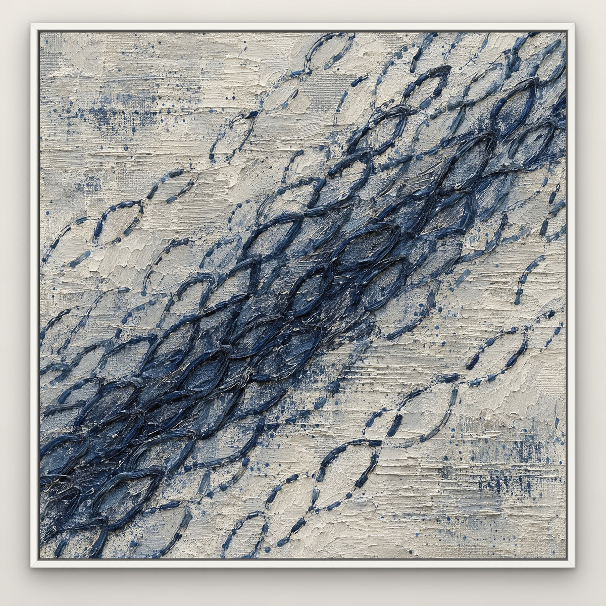 Indigo Stitch, blue abstract hand-painted canvas wall art in a slim white float frame – Gallery 23