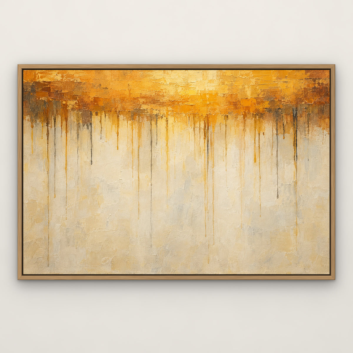 Amber Drip Field, colourful abstract hand-painted canvas wall art in a slim oak float frame – Gallery 23