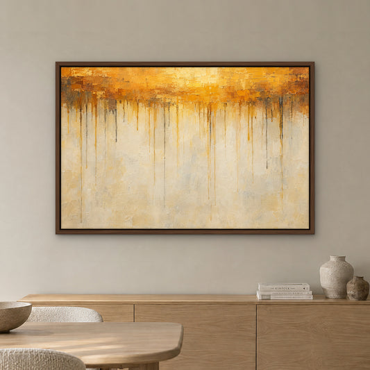 Amber Drip Field, colourful abstract hand-painted canvas wall art in a dining room – Gallery 23