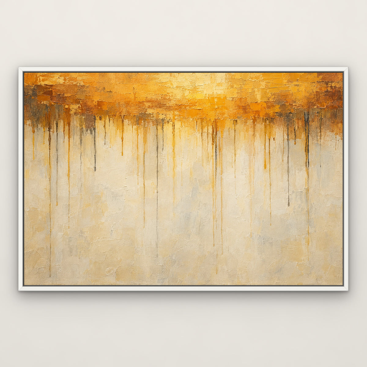 Amber Drip Field, colourful abstract hand-painted canvas wall art in a slim white float frame – Gallery 23